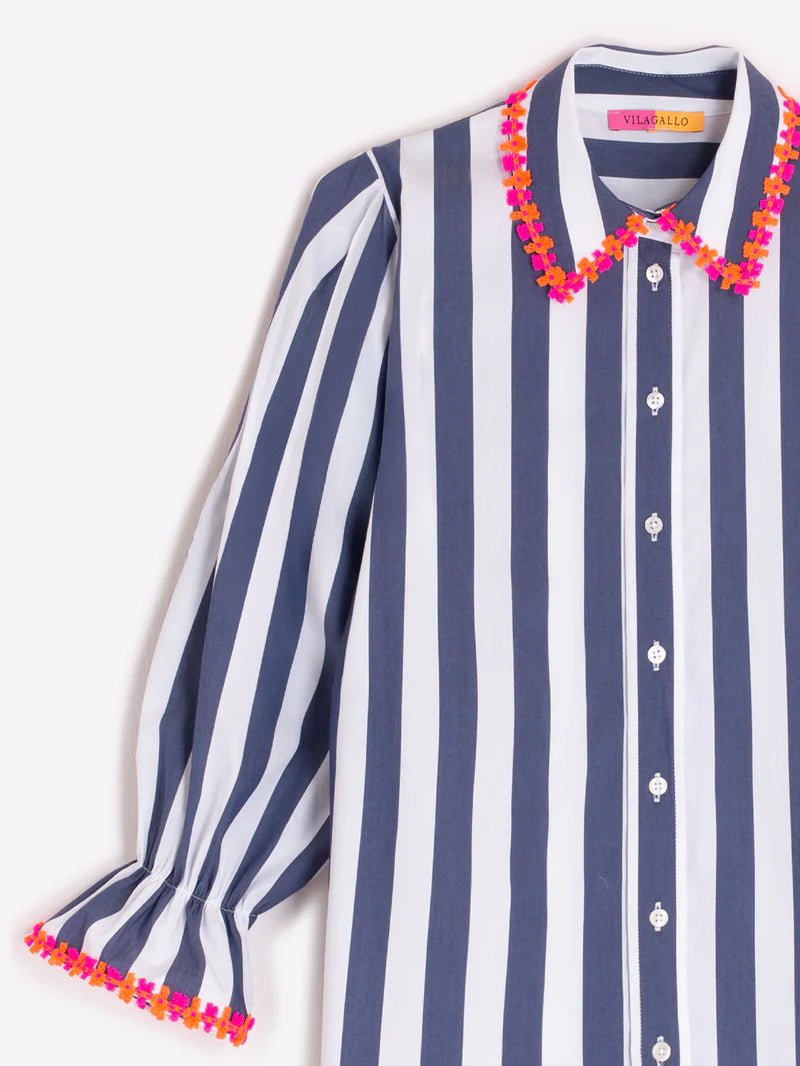 Vilagallo - Puff Sleeve Shirt | Navy/White Stripe