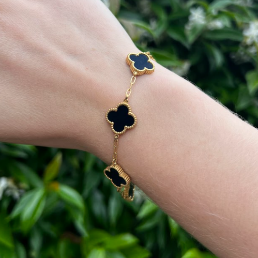 Black Four Leaf Clover Double-Sided Bracelet,18K Gold Plated