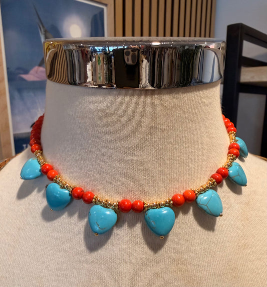 Turquoise & Red Howlite Necklaces – Layered Boho Jewelry: Hearts Necklace (pictured bottom)