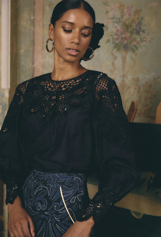 OnceWas - Mirador Lace Detail Blouse | Night OnceWas