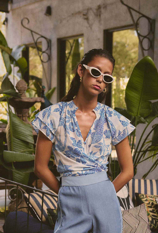 OnceWas - Calandra Silk Cotton Flutter Sleeve Top | Azure Mosaic OnceWas