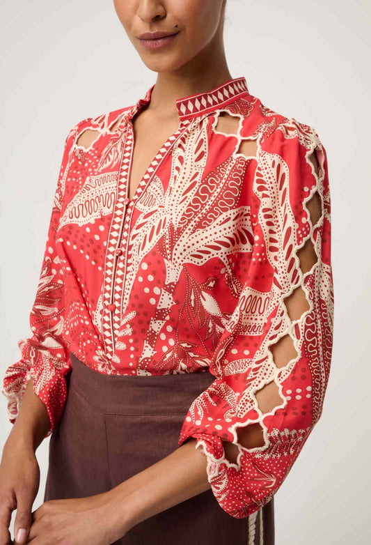 OnceWas - Audrey Embroidered Viscose Faille Blouse | Crimson Palms