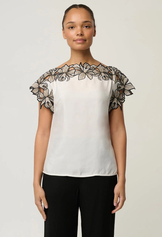 OnceWas - Eleanor Cupro Blend Embroidery Detail Wide Neck Top | Ivory