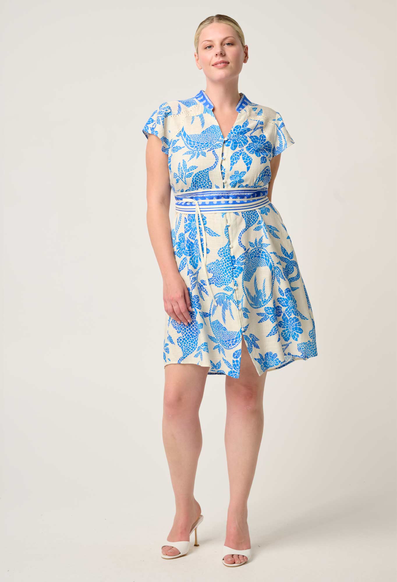 OnceWas - Adriana Linen Viscose Embroidered Yoke Dress | Azure Mosaic OnceWas