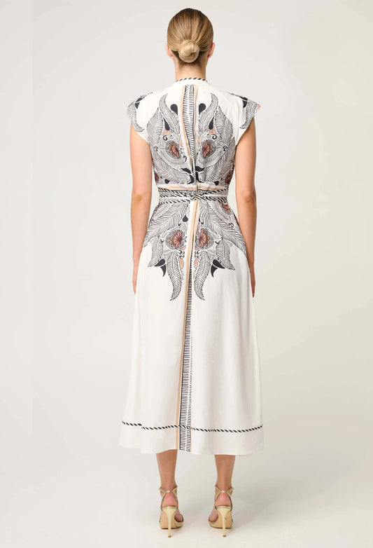 OnceWas - Malika Viscose Dobby Contrast Bind Flutter Sleeve Dress | Ivory Casablanca