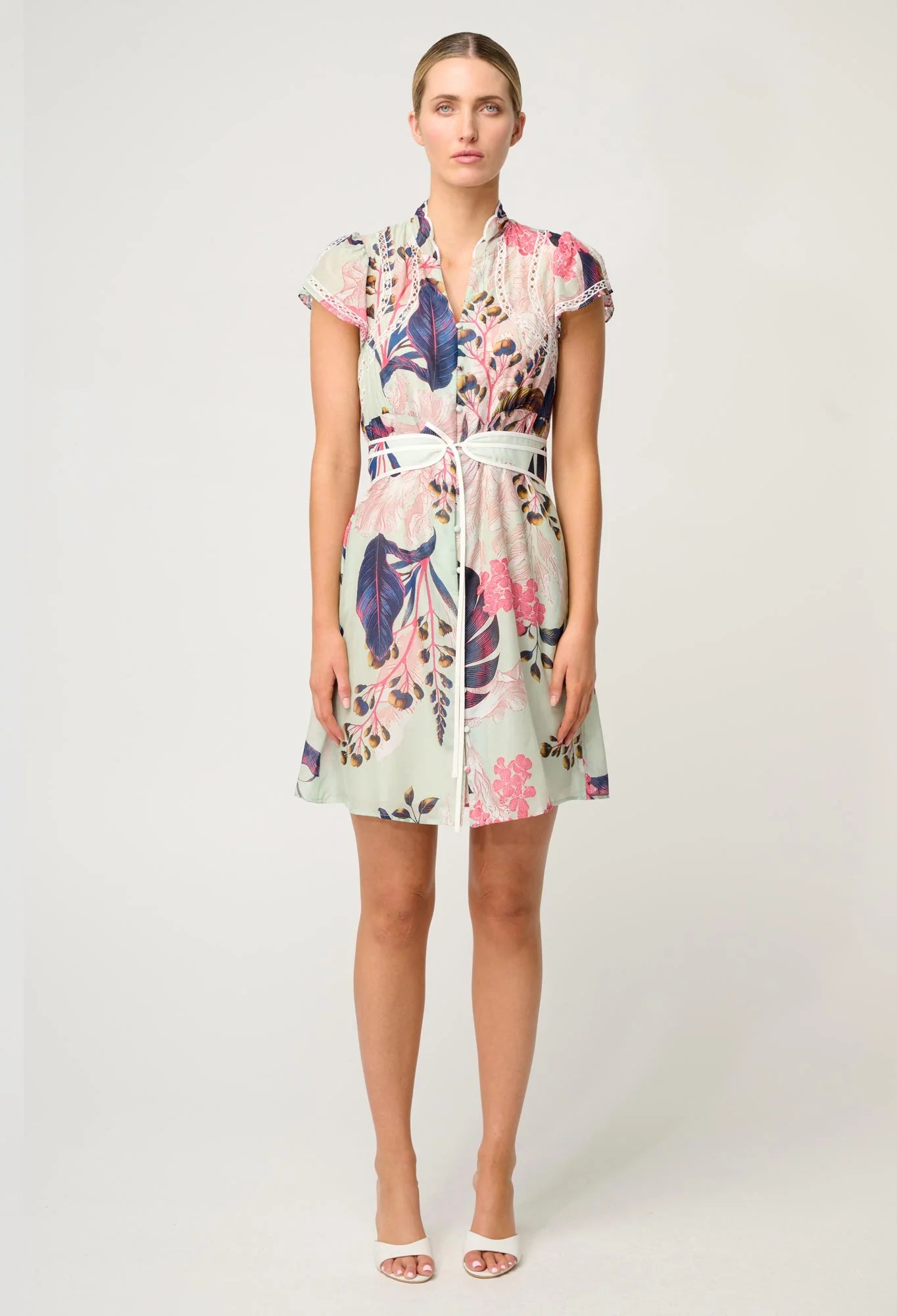 OnceWas - Nisreen Silk Cotton Embroidered Flutter Sleeve Dress | Oasis Flora