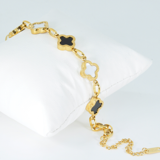 Black and White Four Leaf Clover Bracelet, 18K Gold Plated