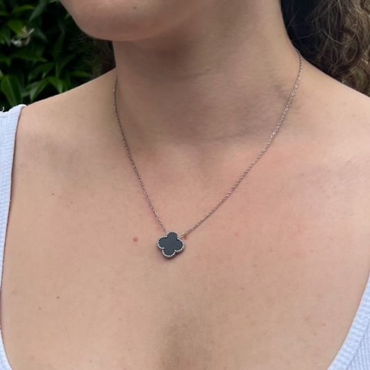 Black Four Leaf Clover Pendant Necklace, Silver Coloured