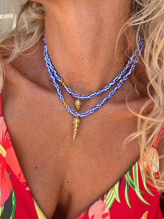 White and blue stripes beaded necklaces with gold shell: Long big shell