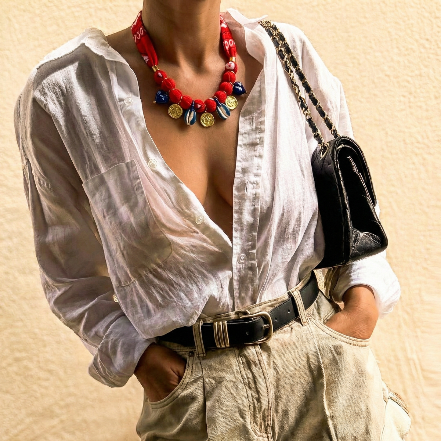 Red Bandana Necklace with Greek Coins & Blue Shell Charms