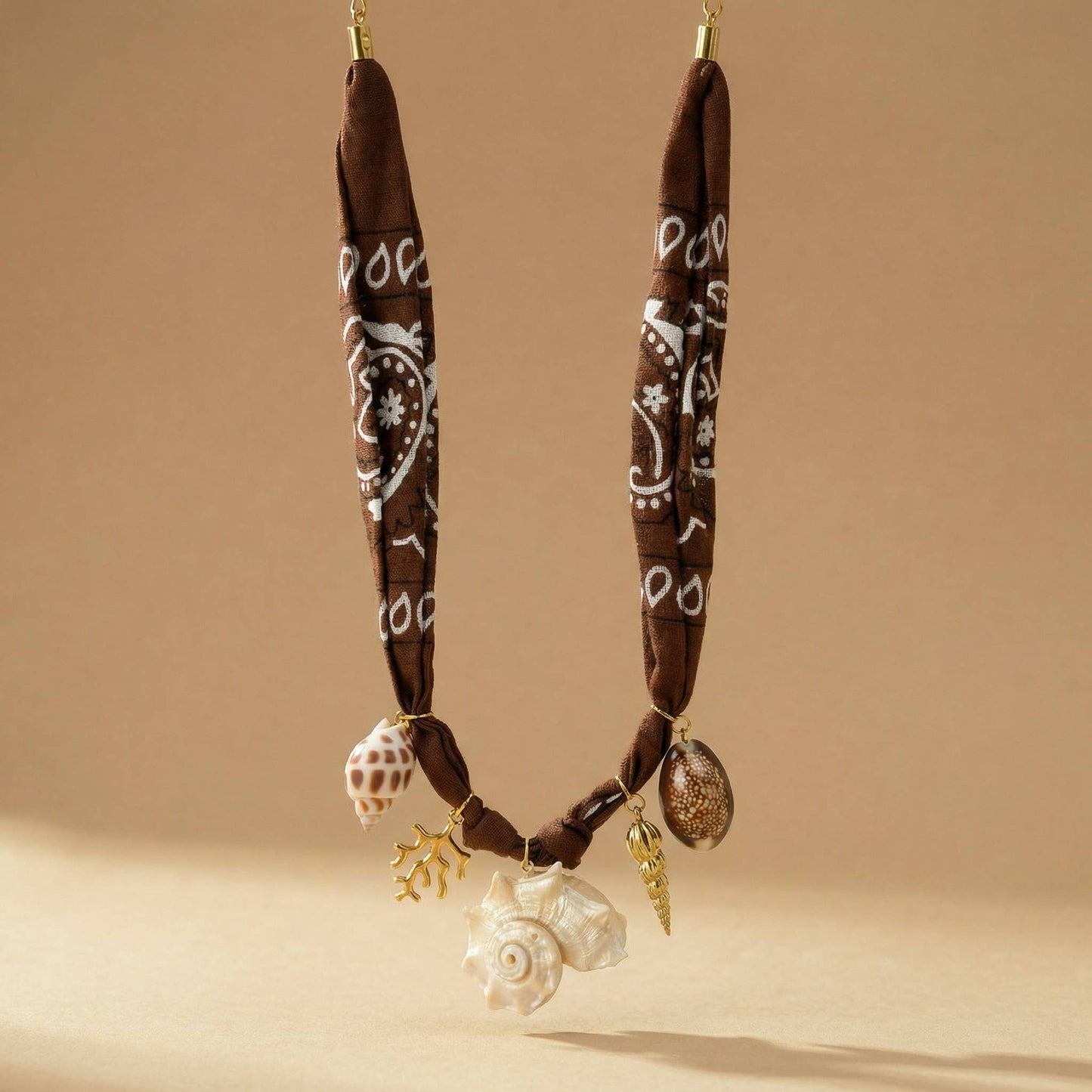 Brown Bandana Scarf Shell Necklace with Sea Charm Shells