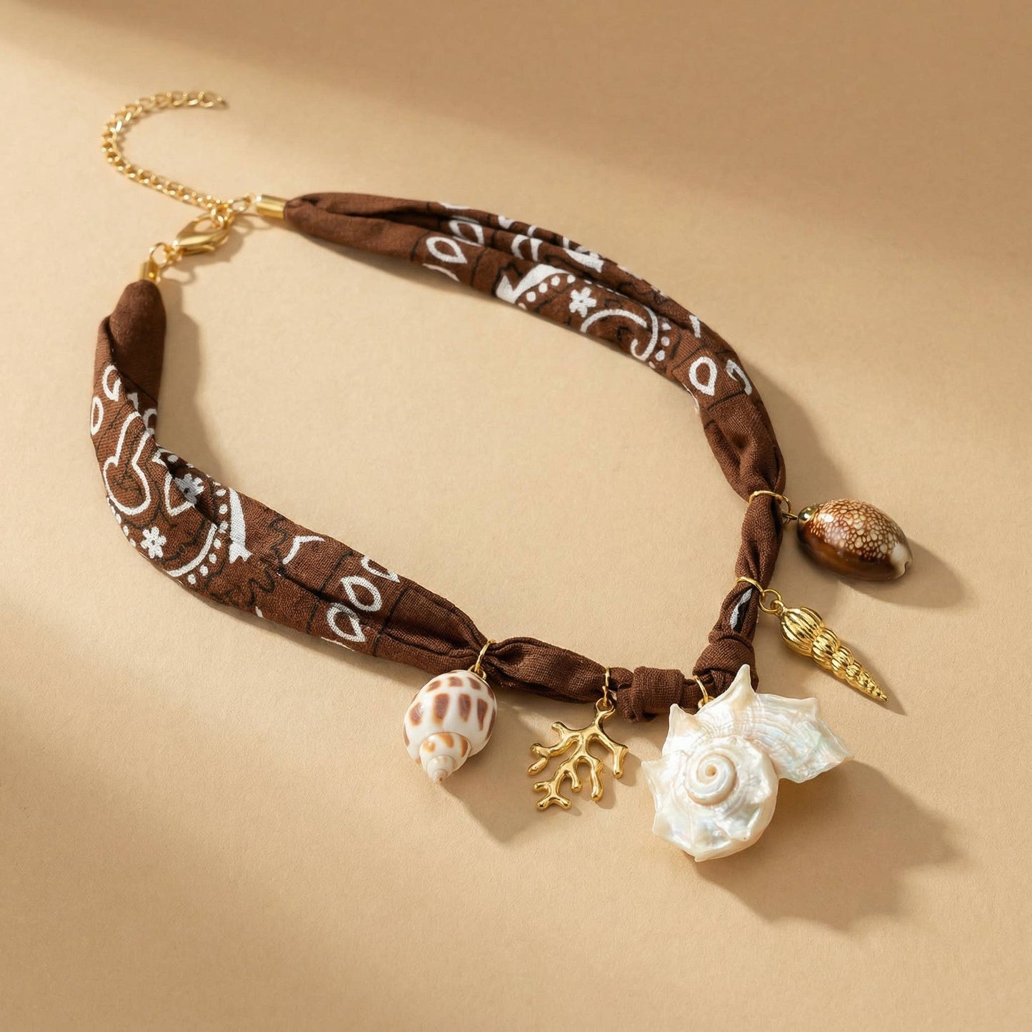 Brown Bandana Scarf Shell Necklace with Sea Charm Shells