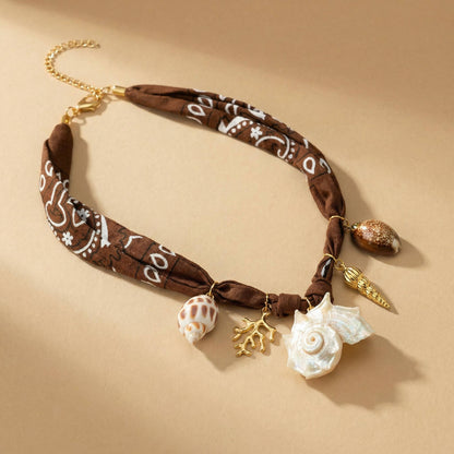 Brown Bandana Scarf Shell Necklace with Sea Charm Shells