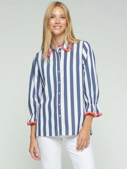 Vilagallo - Puff Sleeve Shirt | Navy/White Stripe
