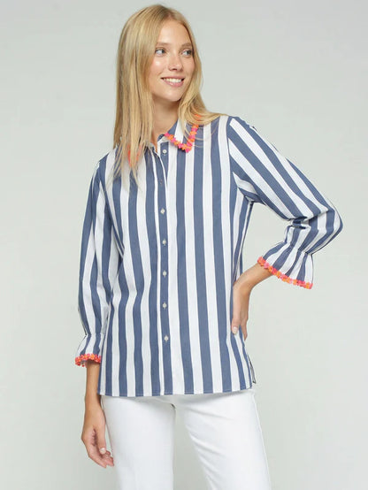 Vilagallo - Puff Sleeve Shirt | Navy/White Stripe