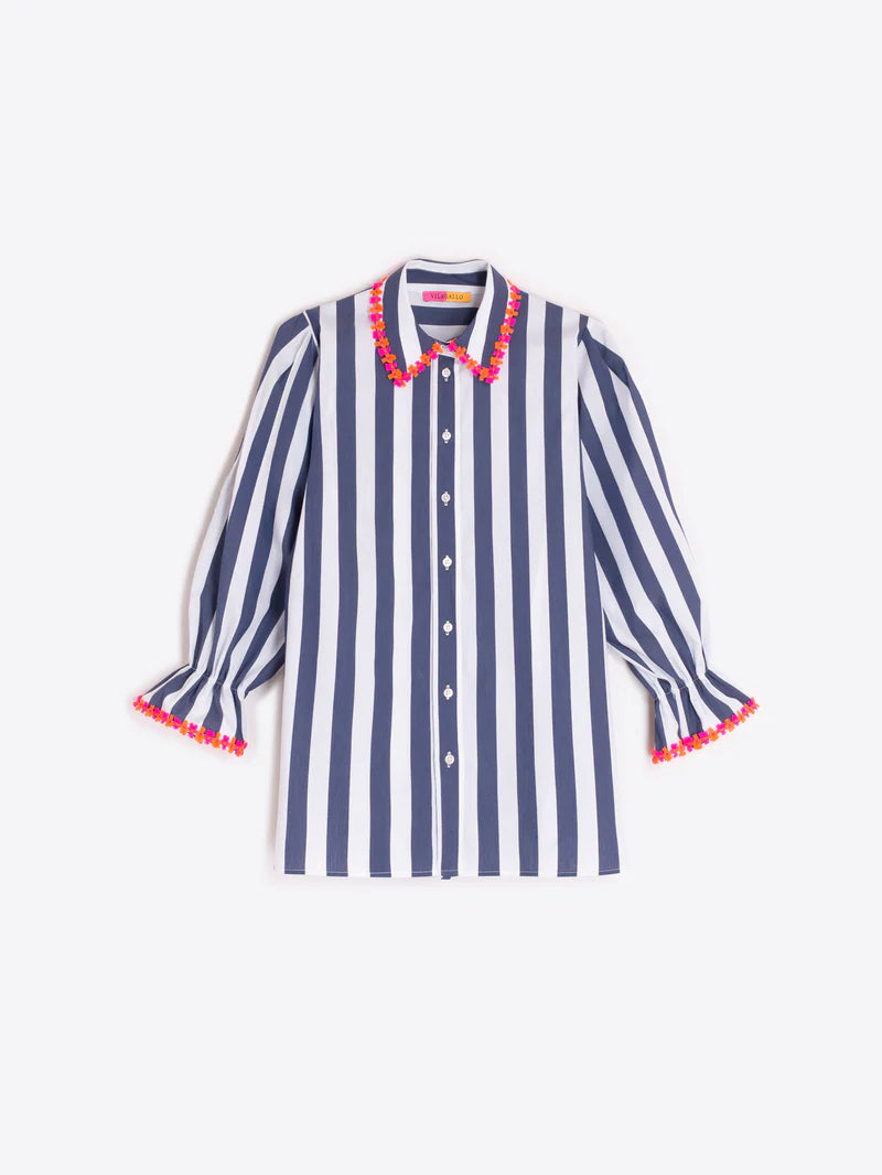Vilagallo - Puff Sleeve Shirt | Navy/White Stripe