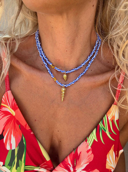 White and blue stripes beaded necklaces with gold shell: Long big shell