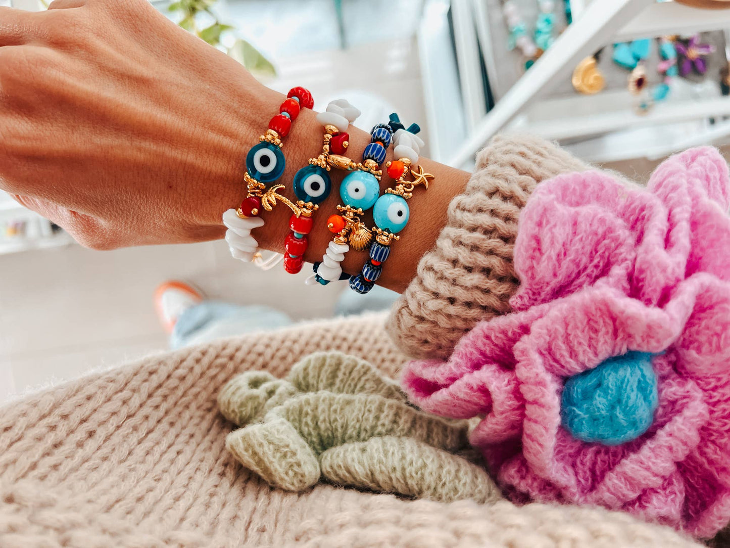 Summer bracelets with protection eye and semiprecious beads: Blue beads