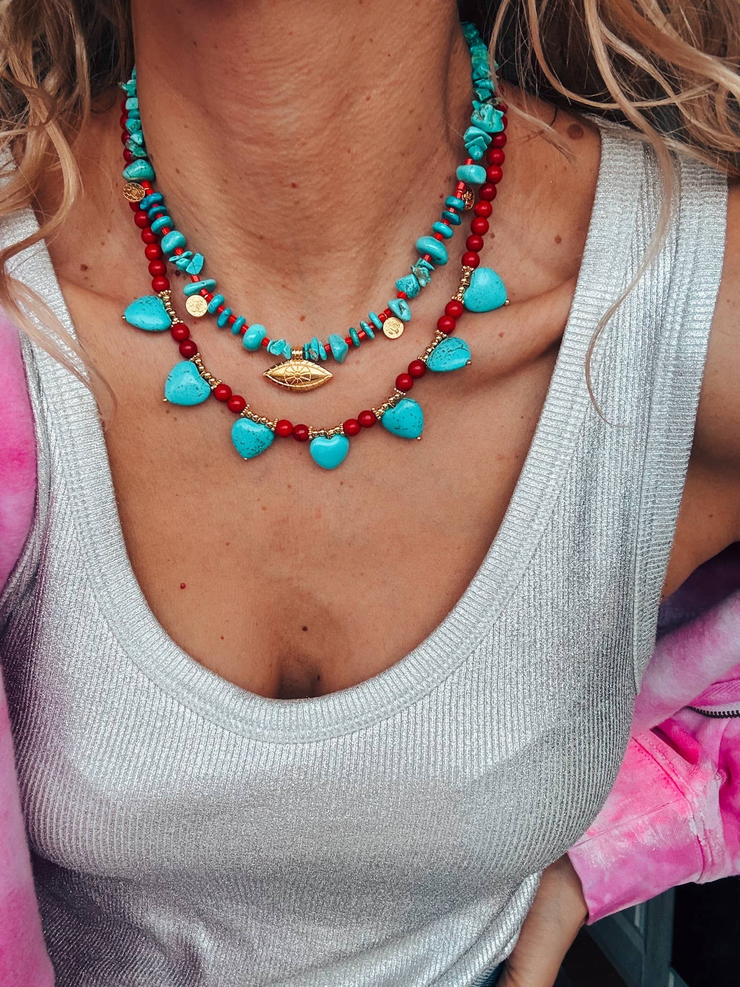 Turquoise & Red Howlite Necklaces – Layered Boho Jewelry: Hearts Necklace sold seperately (pictured bottom)