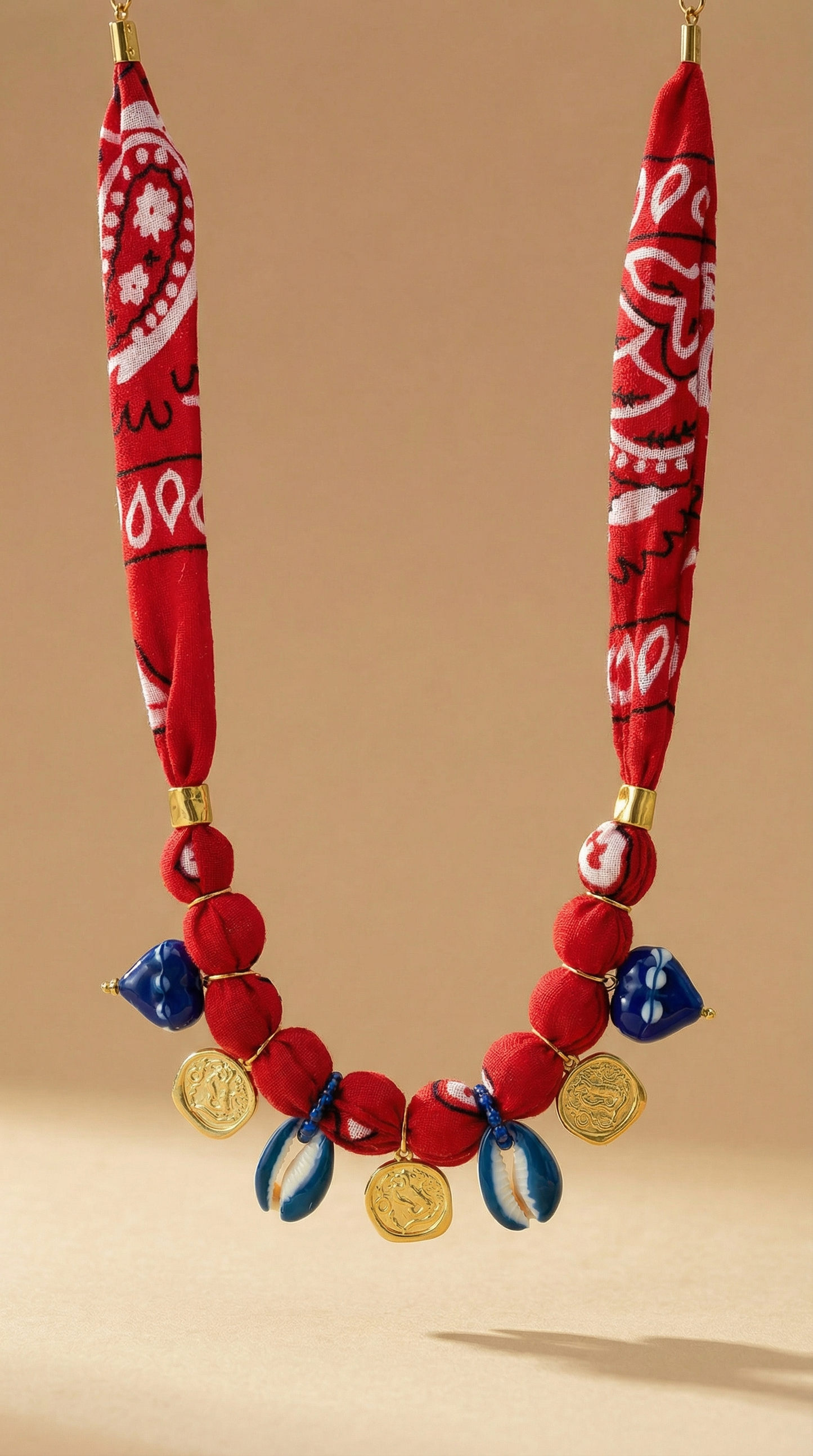 Red Bandana Necklace with Greek Coins & Blue Shell Charms