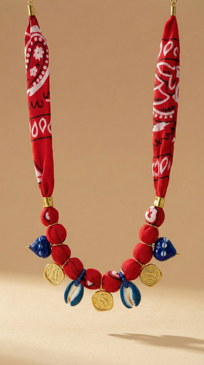 Red Bandana Necklace with Greek Coins & Blue Shell Charms