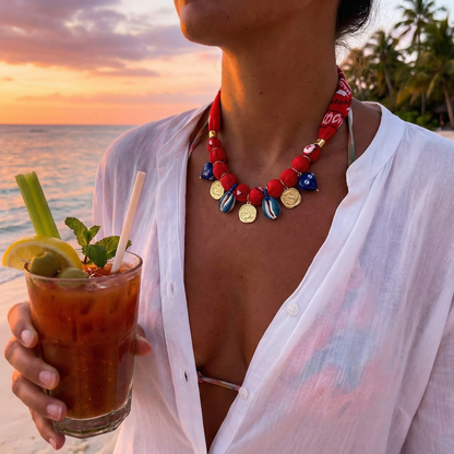 Red Bandana Necklace with Greek Coins & Blue Shell Charms