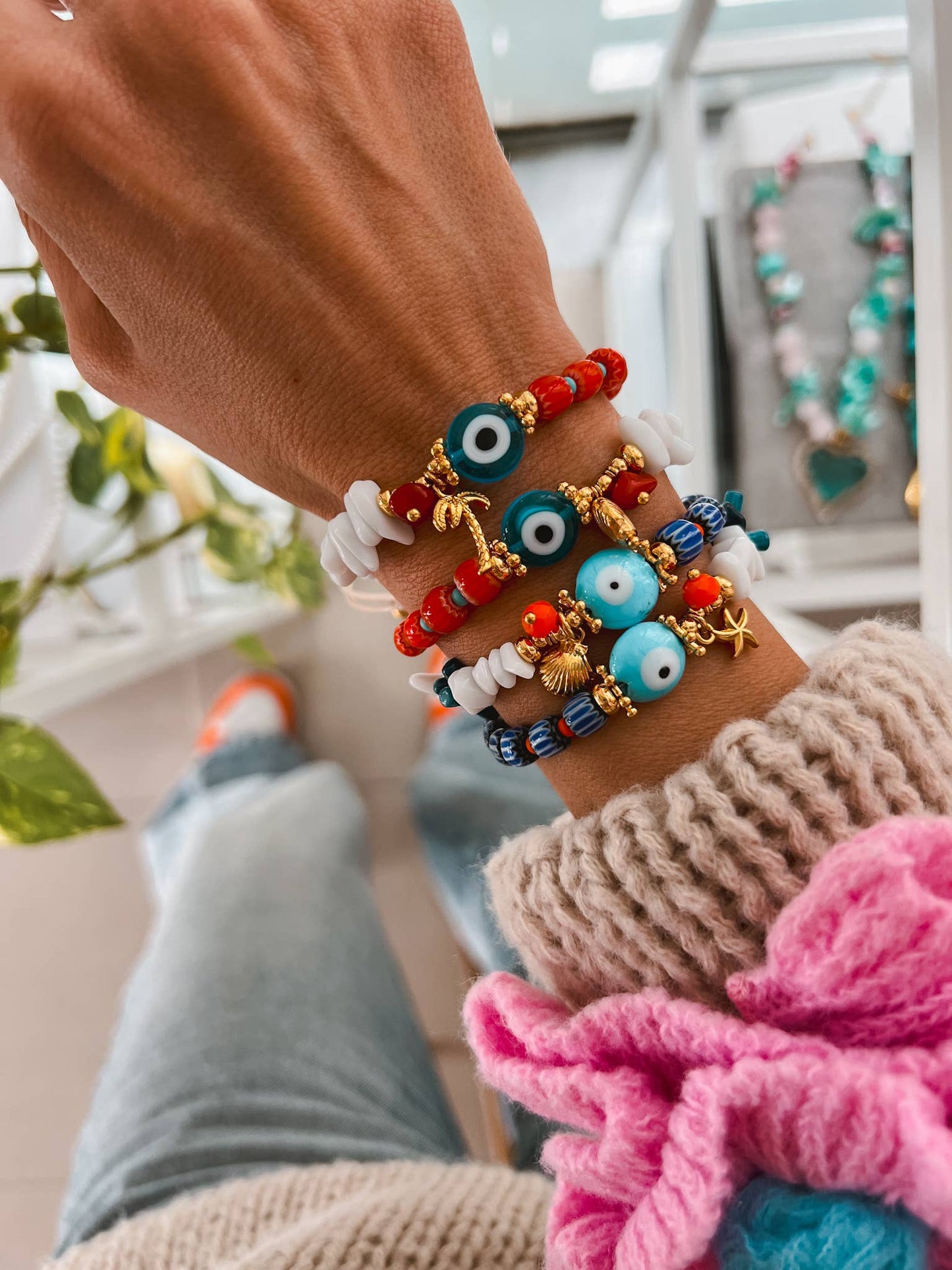 Summer bracelets with protection eye and semiprecious beads: Blue beads