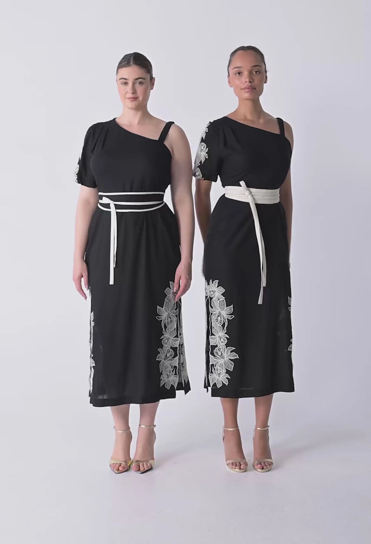 OnceWas - Elodie One Shoulder Linen Viscose Embroidery Dress | Black