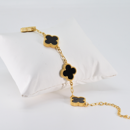 Black Four Leaf Clover Double-Sided Bracelet,18K Gold Plated