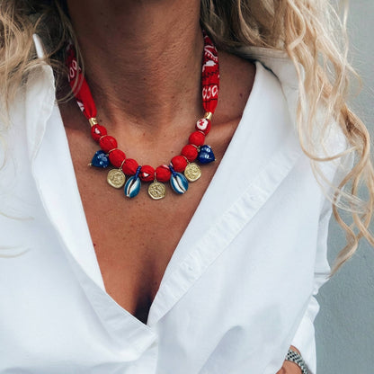 Red Bandana Necklace with Greek Coins & Blue Shell Charms