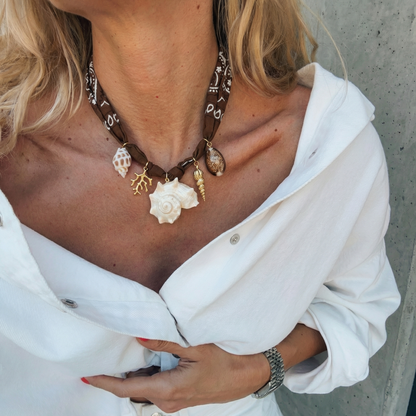 Brown Bandana Scarf Shell Necklace with Sea Charm Shells