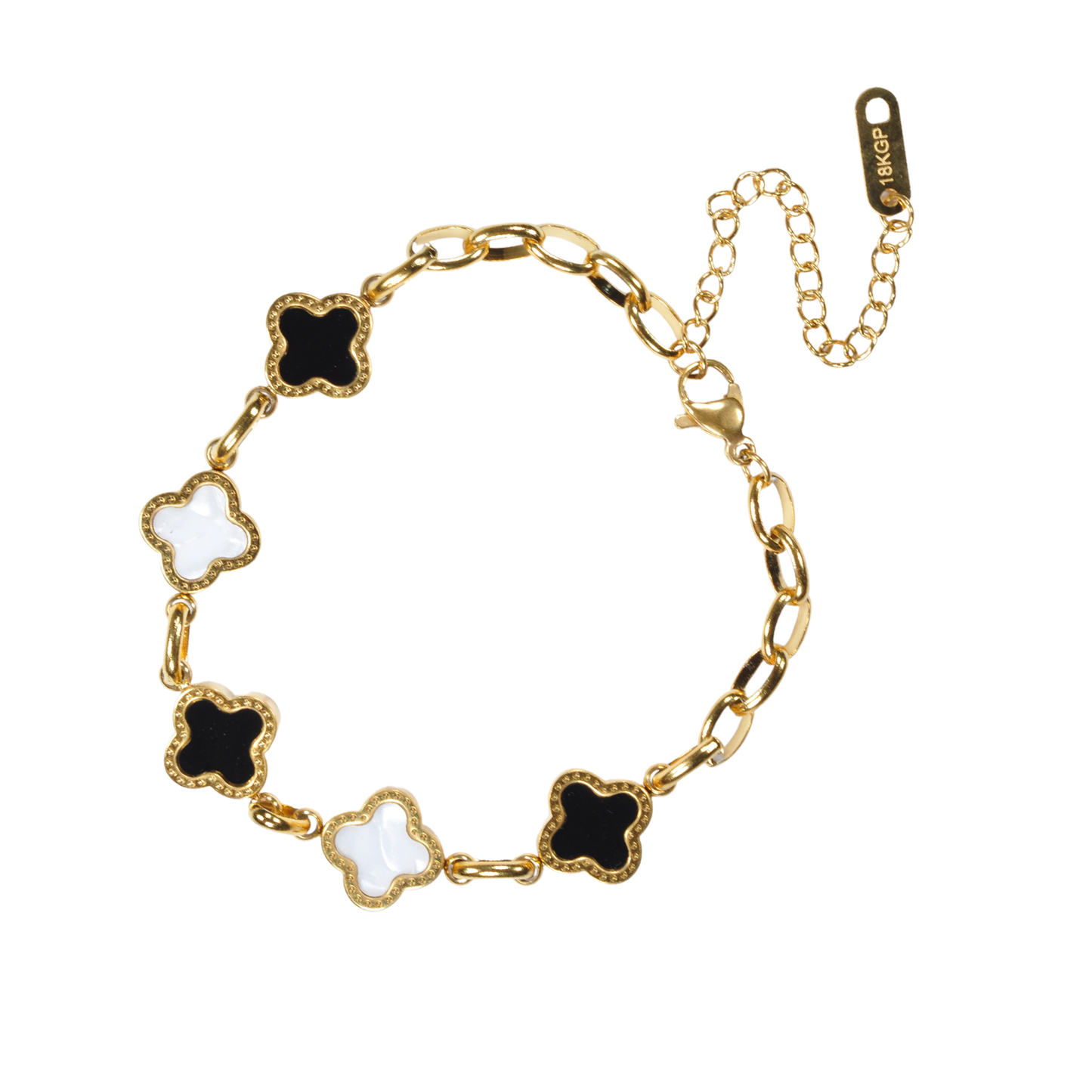 Black and White Four Leaf Clover Bracelet, 18K Gold Plated