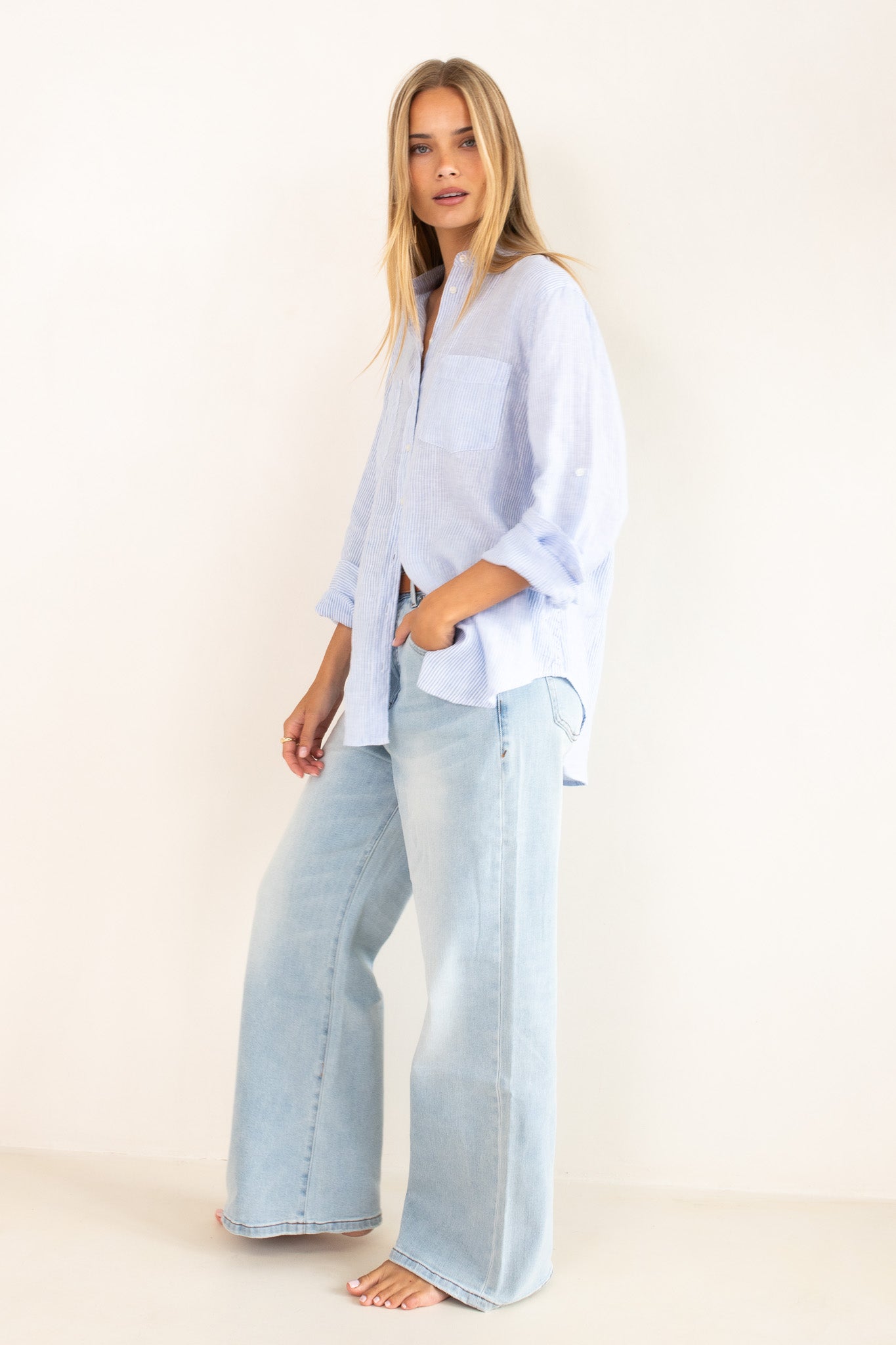 Hut - Baby Blue Stripe Boyfriend Linen Shirt