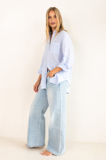 Hut - Baby Blue Stripe Boyfriend Linen Shirt