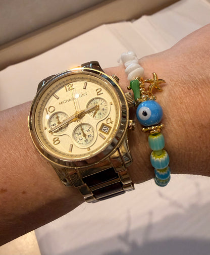 Beaded Turquoise Ceramic Eye Bracelet with Starfish Charm