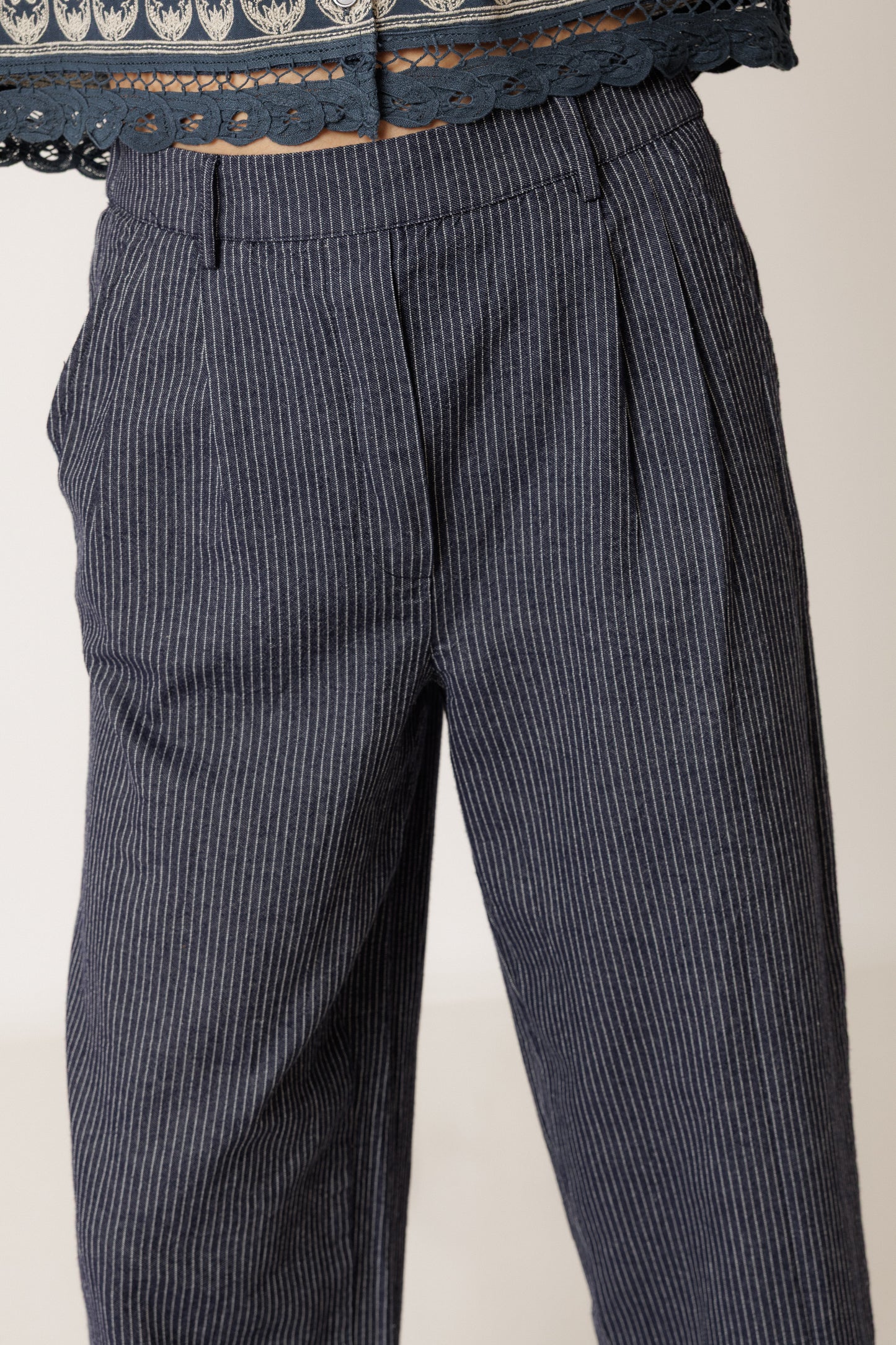 Indi & Cold - Pleated Pinstripe Trouser | Indigo