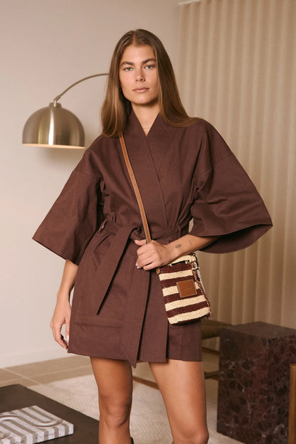 Nim The Label - Leather Trimmed Raffia Pocket | Stripe