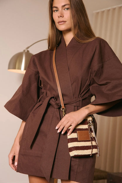 Nim The Label - Leather Trimmed Raffia Pocket | Stripe
