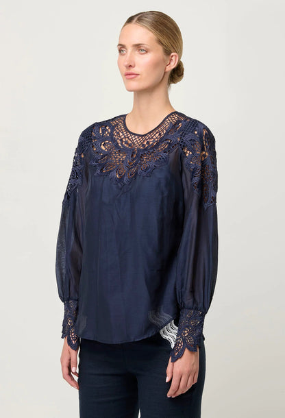 OnceWas - Mirador Lace Detail Blouse | Night OnceWas