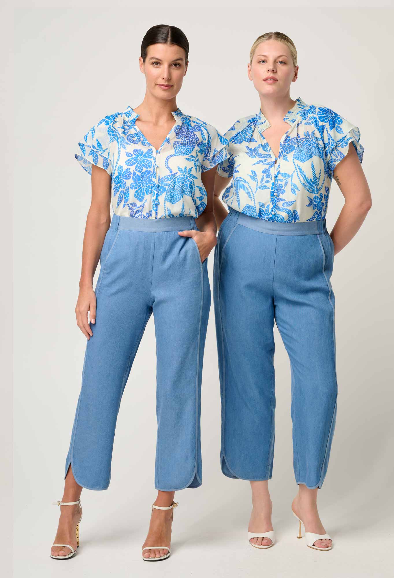 OnceWas - Calandra Silk Cotton Flutter Sleeve Top | Azure Mosaic OnceWas