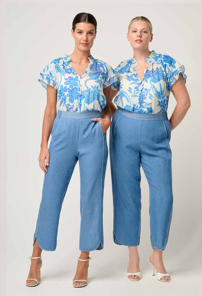 OnceWas - Calandra Silk Cotton Flutter Sleeve Top | Azure Mosaic OnceWas