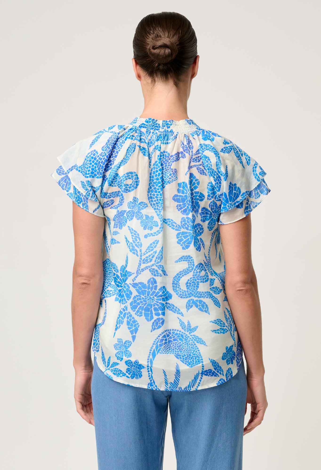 OnceWas - Calandra Silk Cotton Flutter Sleeve Top | Azure Mosaic OnceWas