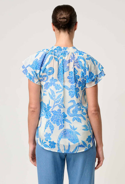 OnceWas - Calandra Silk Cotton Flutter Sleeve Top | Azure Mosaic OnceWas