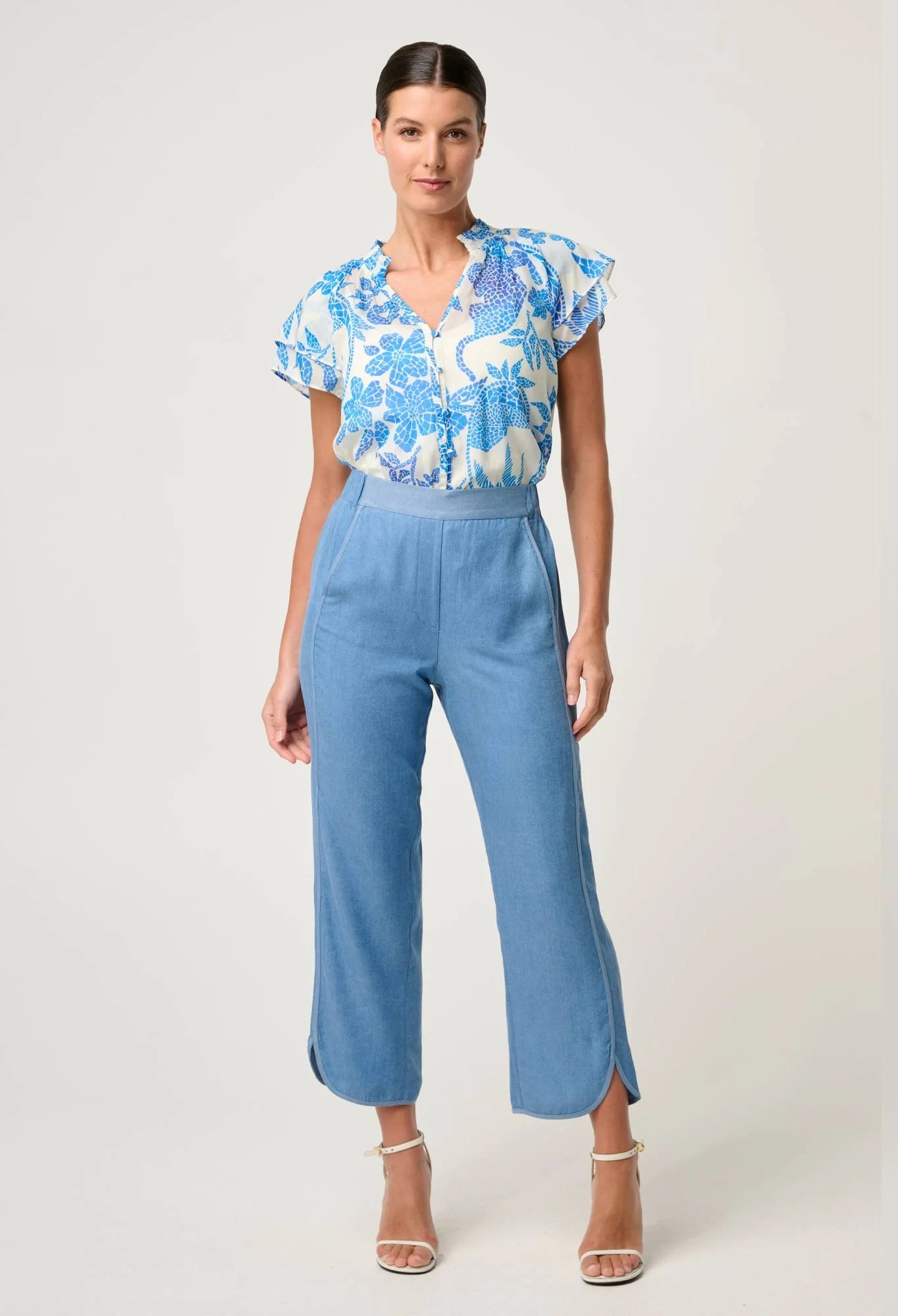 OnceWas - Calandra Silk Cotton Flutter Sleeve Top | Azure Mosaic OnceWas
