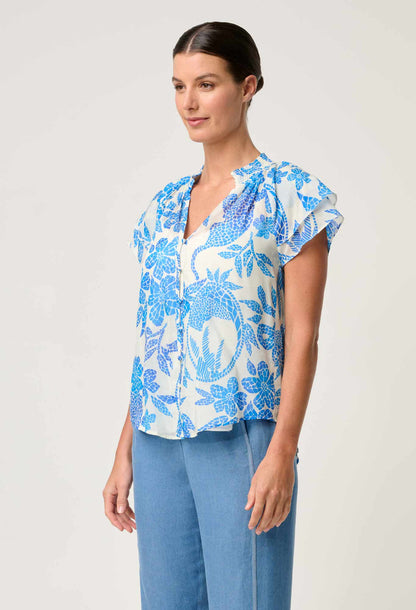 OnceWas - Calandra Silk Cotton Flutter Sleeve Top | Azure Mosaic OnceWas