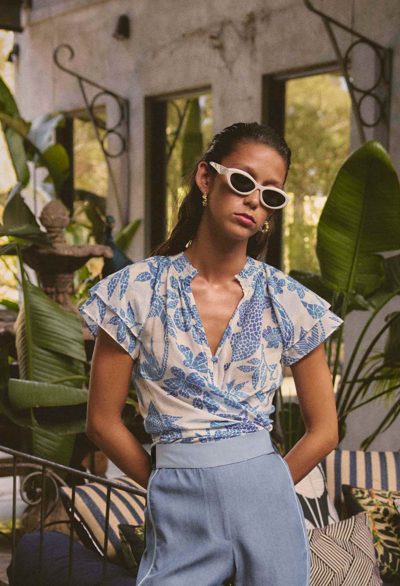 OnceWas - Calandra Silk Cotton Flutter Sleeve Top | Azure Mosaic OnceWas