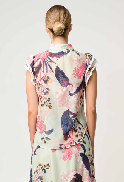 OnceWas - Luma Cotton Silk Flutter Sleeve Top | Oasis Flora