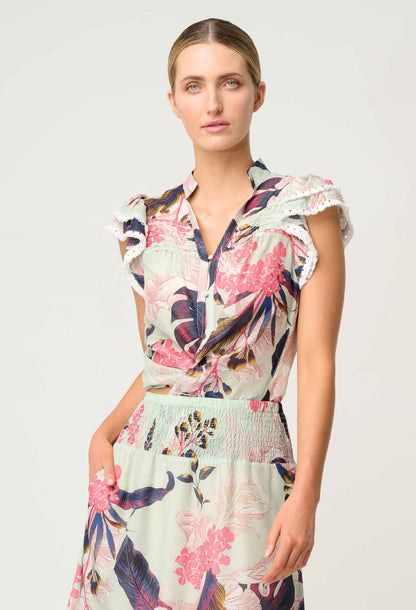OnceWas - Luma Cotton Silk Flutter Sleeve Top | Oasis Flora