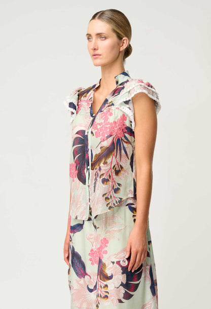 OnceWas - Luma Cotton Silk Flutter Sleeve Top | Oasis Flora