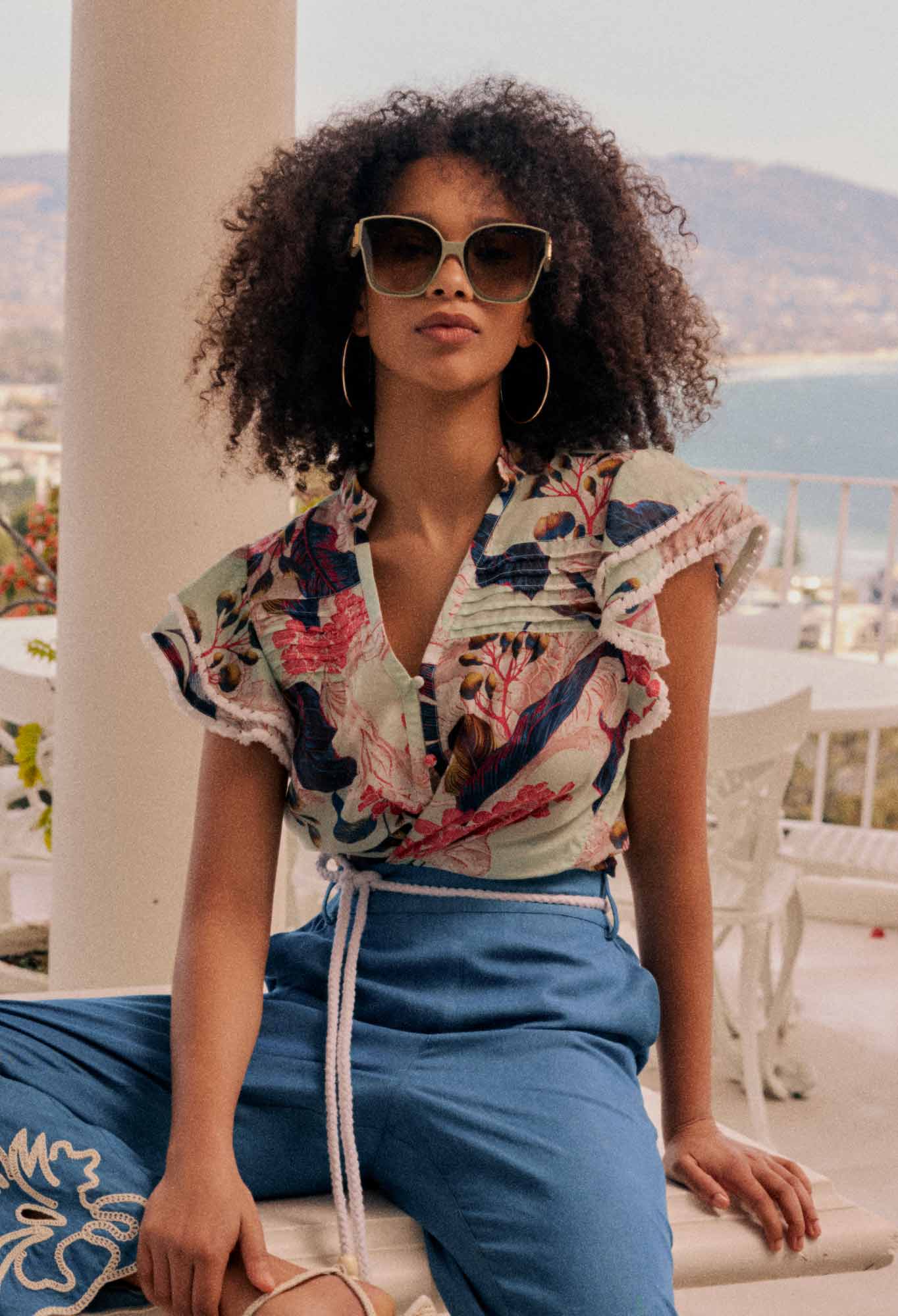 OnceWas - Luma Cotton Silk Flutter Sleeve Top | Oasis Flora